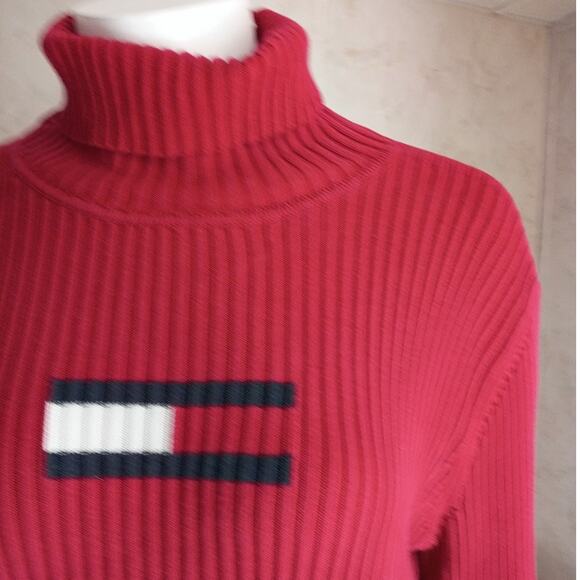 TOMMY HILFIGER XL Red Rib Knit Turtleneck Y2K Flag Logo Sweater Preppy Quietlux - Picture 9 of 13